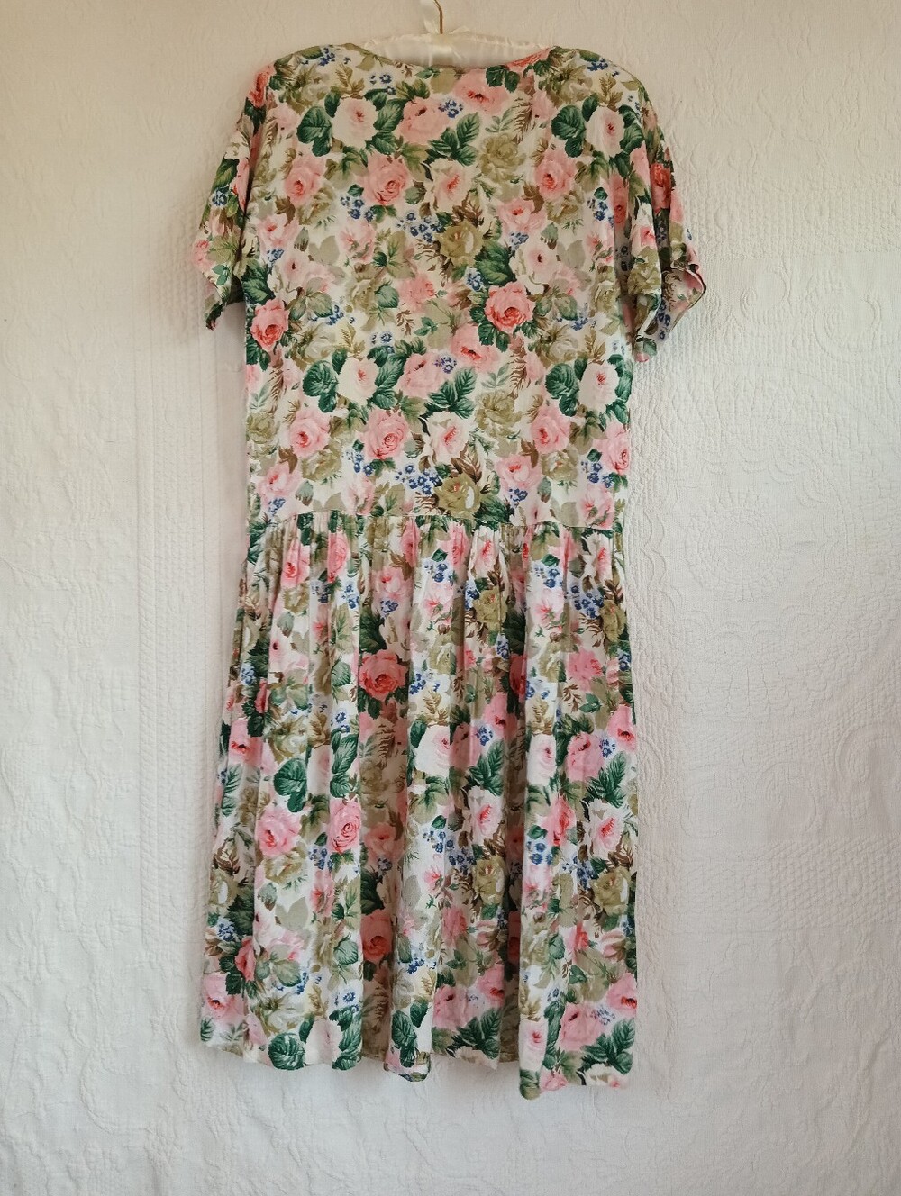 Vintage Garden Dress Floral Button-Front Midi Front Pocket Pink Green Soft Flowy - Picture 10 of 11